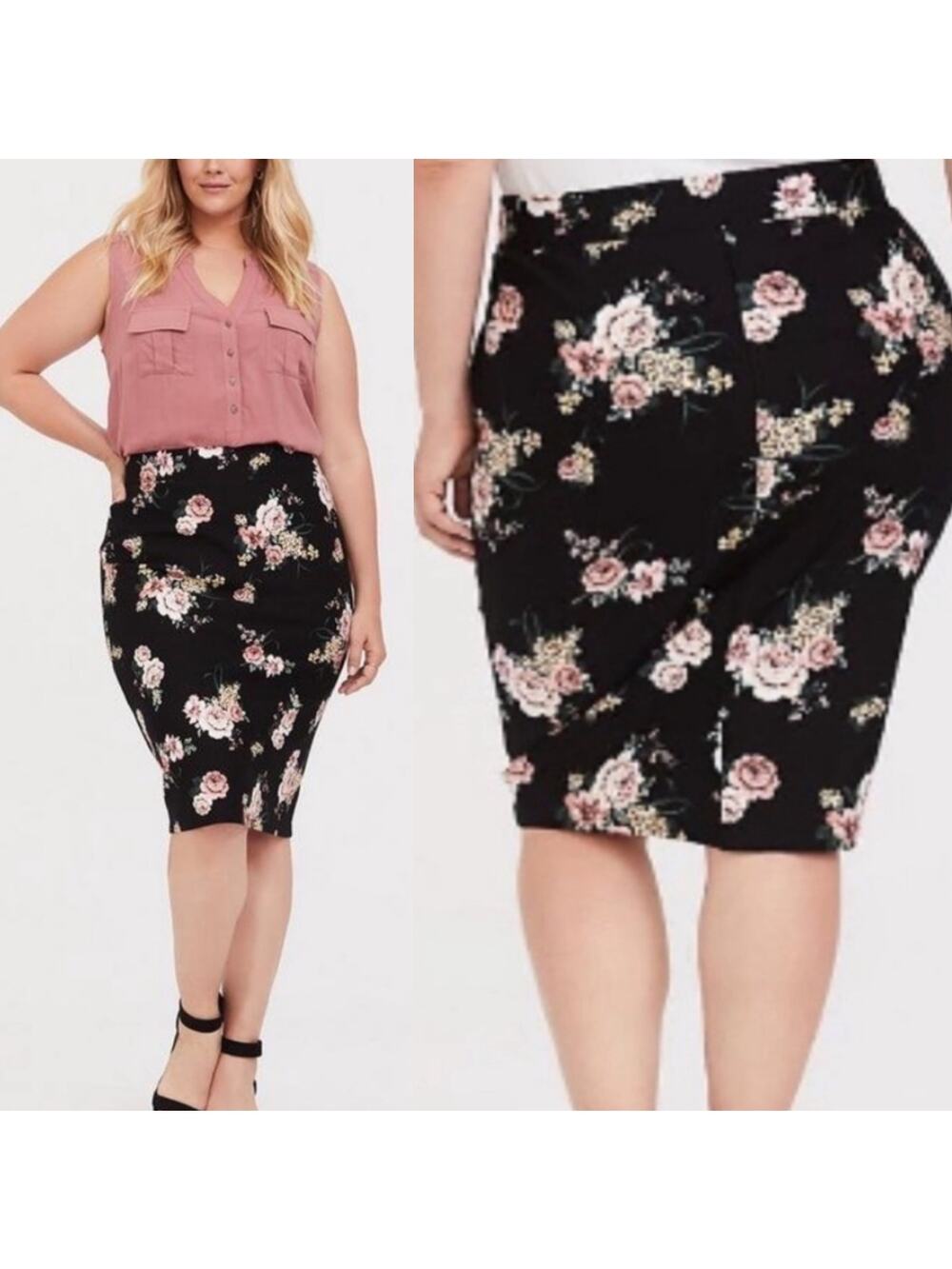Torrid Black Floral Stretchy Pencil Midi Skirt